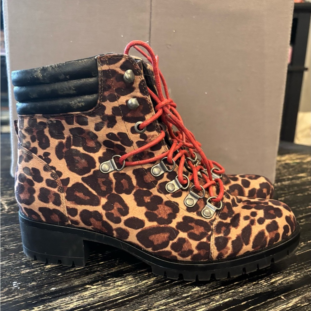 Leopard Print Ankle Boots with Red Laces